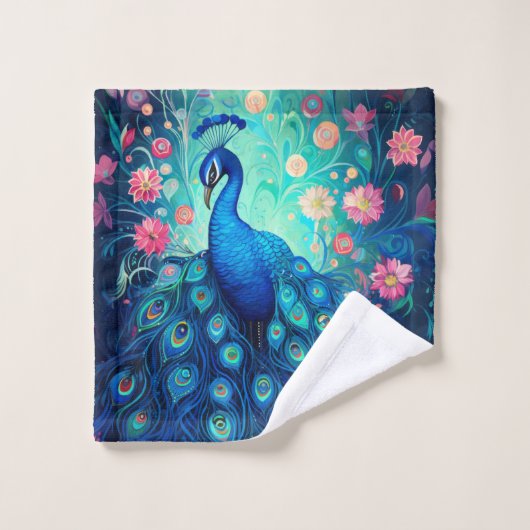 Peacock - Blauwe Groene Aqua Veren & Roze Bloemen Bad Handdoek (Wasdoekje)