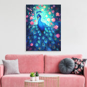 Peacock - Blauwe Groene Aqua Veren & Roze Bloemen Canvas Afdruk (Insitu (Woonkamer))