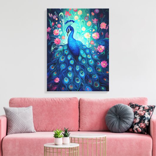 Peacock - Blauwe Groene Aqua Veren & Roze Bloemen Canvas Afdruk (Insitu (Woonkamer))