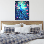 Peacock - Blauwe Groene Aqua Veren & Roze Bloemen Canvas Afdruk (Insitu (Slaapkamer))