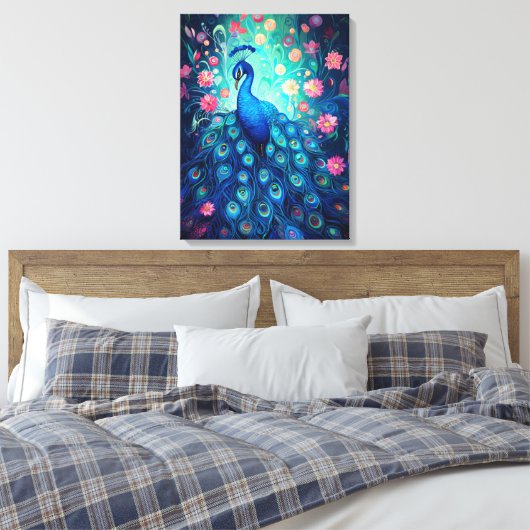 Peacock - Blauwe Groene Aqua Veren & Roze Bloemen Canvas Afdruk (Insitu (Slaapkamer))