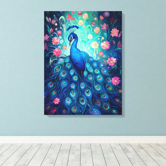 Peacock - Blauwe Groene Aqua Veren & Roze Bloemen Canvas Afdruk (Insitu (Houten vloer))