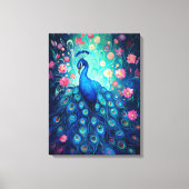 Peacock - Blauwe Groene Aqua Veren & Roze Bloemen Canvas Afdruk (Voorkant)