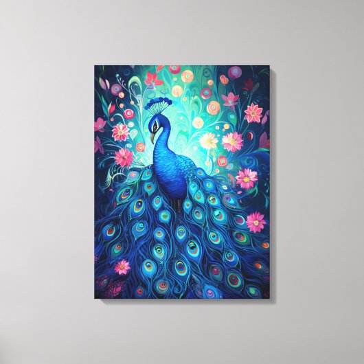 Peacock - Blauwe Groene Aqua Veren & Roze Bloemen Canvas Afdruk (Voorkant)