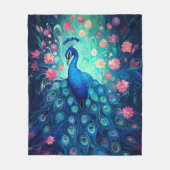Peacock - Blauwe Groene Aqua Veren & Roze Bloemen Fleece Deken (Voorkant)