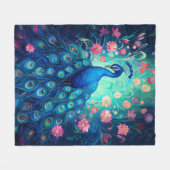 Peacock - Blauwe Groene Aqua Veren & Roze Bloemen Fleece Deken (Voorkant (Horizontaal))