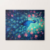 Peacock - Blauwe Groene Aqua Veren & Roze Bloemen Legpuzzel (Horizontaal)