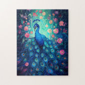 Peacock - Blauwe Groene Aqua Veren & Roze Bloemen Legpuzzel (Verticaal)