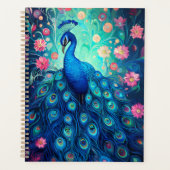 Peacock - Blauwe Groene Aqua Veren & Roze Bloemen Planner (Voorkant)