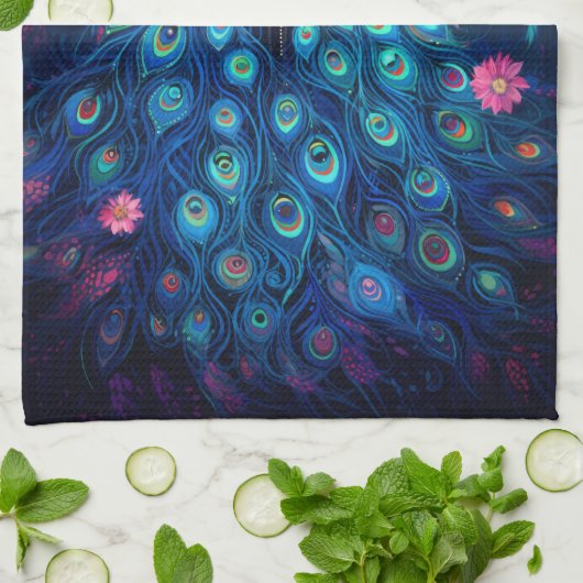 Peacock - Blauwe Groene Aqua Veren & Roze Bloemen Theedoek (Gevouwen)