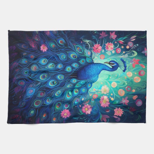 Peacock - Blauwe Groene Aqua Veren & Roze Bloemen Theedoek (Horizontaal)