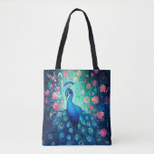 Peacock - Blauwe Groene Aqua Veren & Roze Bloemen Tote Bag (Voorkant)