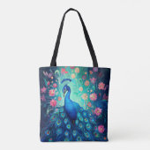 Peacock - Blauwe Groene Aqua Veren & Roze Bloemen Tote Bag (Achterkant)