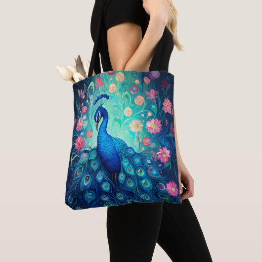 Peacock - Blauwe Groene Aqua Veren & Roze Bloemen Tote Bag (Dichtbij)