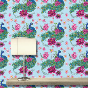 Peacock Blauwe Lotus Bloem Henna Behang