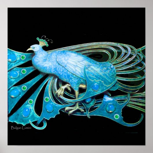 PEACOCK, blauwe turquase, groen zwart Poster (Voorkant)
