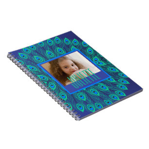Peacock Blauwgroen & Blue Feathers Aangepaste teks Notitieboek