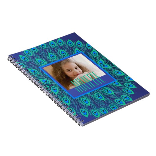 Peacock Blauwgroen & Blue Feathers Aangepaste teks Notitieboek (Rechterzijde)