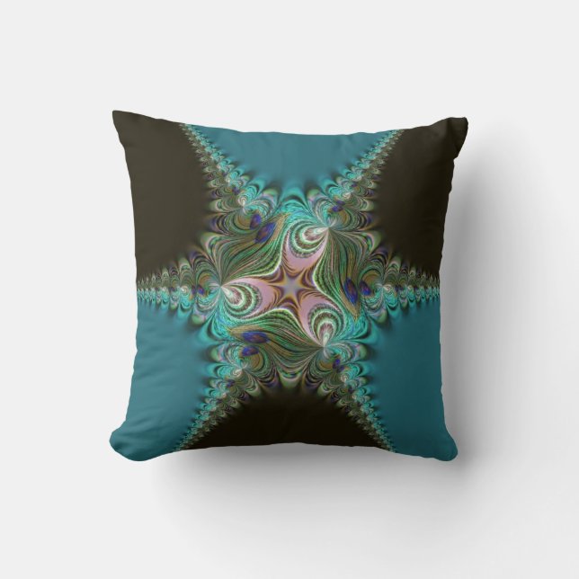 Peacock Blauwgroen+Green Fractal Twist Cushion Kussen (Voorkant)