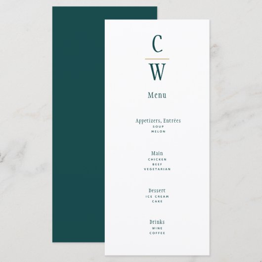 Peacock Blauwgroen Green Gold Wedding Monogramed Menu (Voorkant / Achterkant)