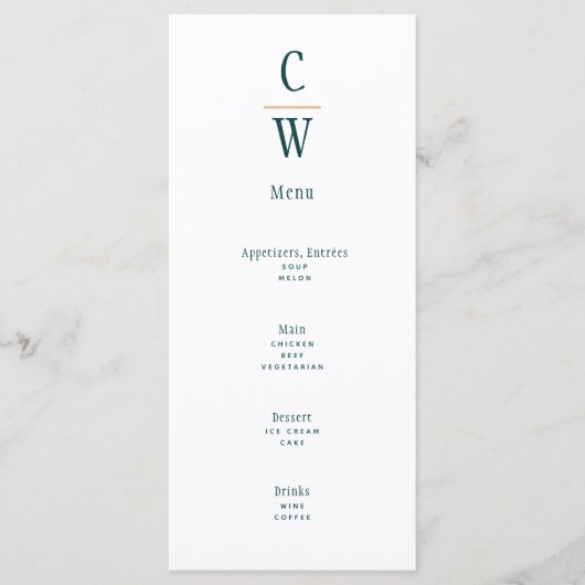 Peacock Blauwgroen Green Gold Wedding Monogramed Menu (Voorkant)