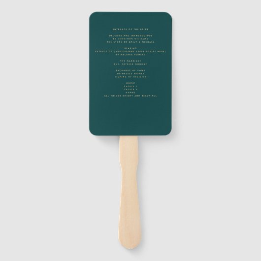 Peacock BLAUWGROEN Green Wedding Programme Handwaaier (Achterkant)