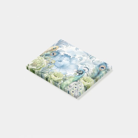 Peacock Blauwgroen & Salie veren Bloemen Damast Post-it® Notes (Schuin)