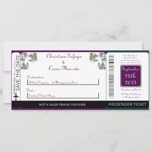 Peacock / Bloemen Boarding Pass Bruiloft uitnodigi Kaart (Voorkant)
