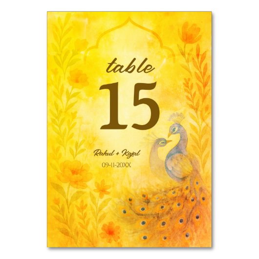 Peacock Bloemen Indische Trouwtafel Nummer Kaart (Voorkant)