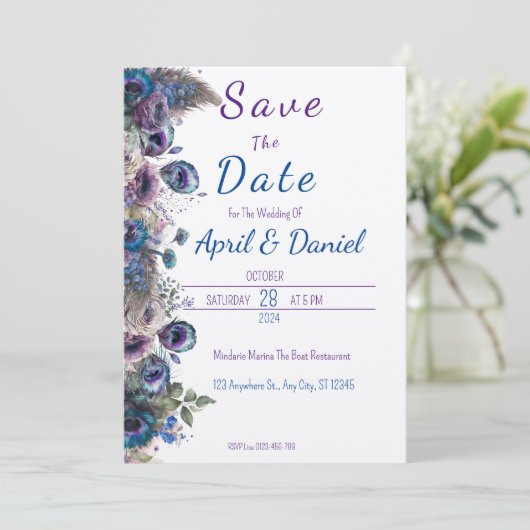 Peacock Bloemen Thema Save The Date Uitnodiging (Staand voorkant)