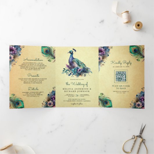 Peacock Bloemen Veer QR Code Bruiloft Drieluik Uitnodiging (Binnen)