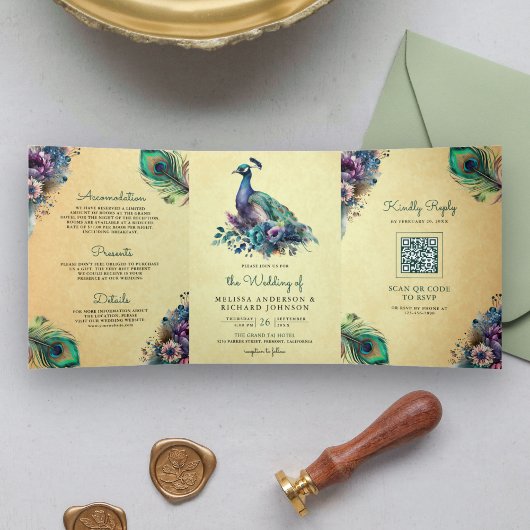 Peacock Bloemen Veer QR Code Bruiloft Drieluik Uitnodiging