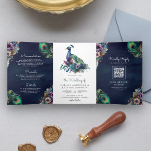 Peacock Bloemen Veer QR Code Marine Blauw Bruiloft Drieluik Uitnodiging