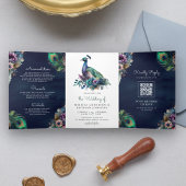 Peacock Bloemen Veer QR Code Marine Blauw Bruiloft Drieluik Uitnodiging