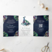 Peacock Bloemen Veer QR Code Marine Blauw Bruiloft Drieluik Uitnodiging (Binnen)