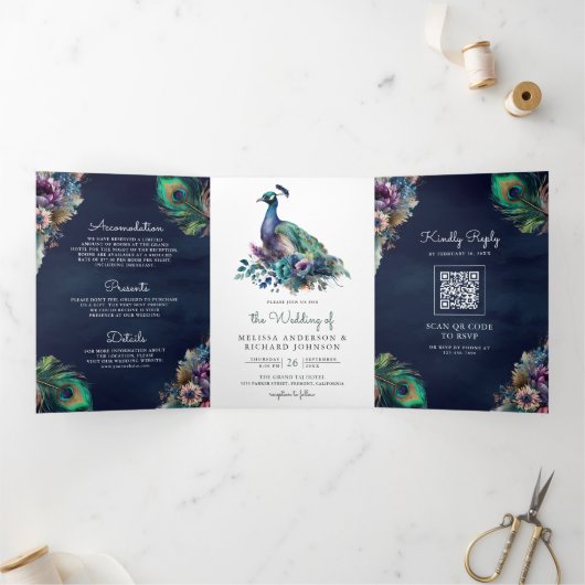 Peacock Bloemen Veer QR Code Marine Blauw Bruiloft Drieluik Uitnodiging (Binnen)