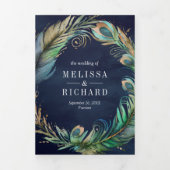 Peacock Bloemen Veer QR Code Marine Blauw Bruiloft Drieluik Uitnodiging (Cover)