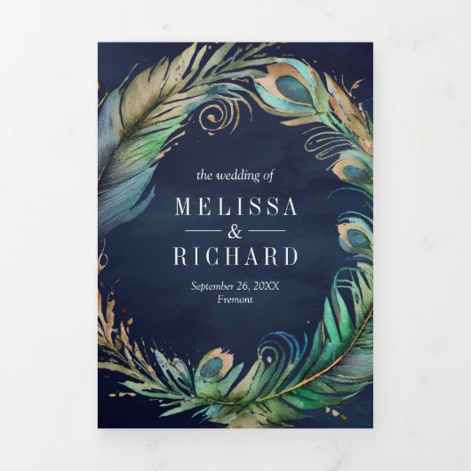 Peacock Bloemen Veer QR Code Marine Blauw Bruiloft Drieluik Uitnodiging (Cover)