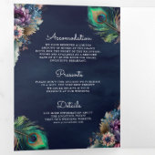 Peacock Bloemen Veer QR Code Marine Blauw Bruiloft Drieluik Uitnodiging (Binnenzijde eerst)