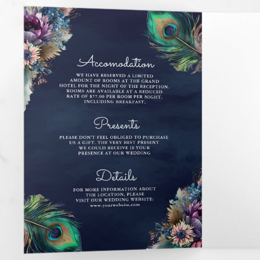 Peacock Bloemen Veer QR Code Marine Blauw Bruiloft Drieluik Uitnodiging (Binnenzijde eerst)