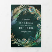 Peacock Bloemen Veer QR Code Smaragd Bruiloft Drieluik Uitnodiging (Cover)
