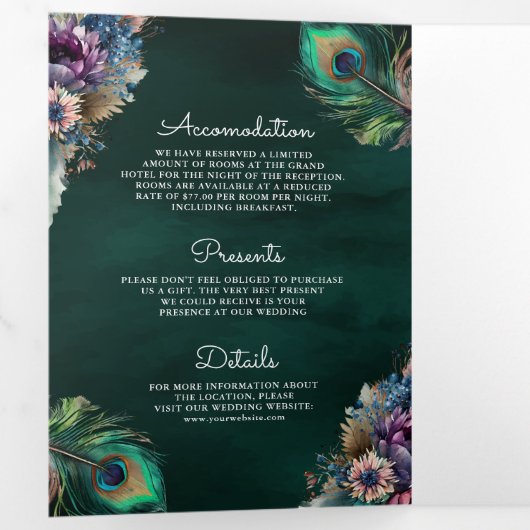 Peacock Bloemen Veer QR Code Smaragd Bruiloft Drieluik Uitnodiging (Binnenzijde eerst)