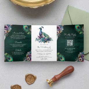 Peacock Bloemen Veer QR Code Smaragd Bruiloft Drieluik Uitnodiging