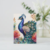 Peacock Bloemen Waterverf Kunst Briefkaart (Staand voorkant)