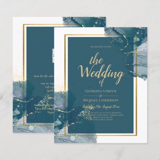 Peacock Blue Alcohol INK Chic Wedding Invite (Voorkant / Achterkant)