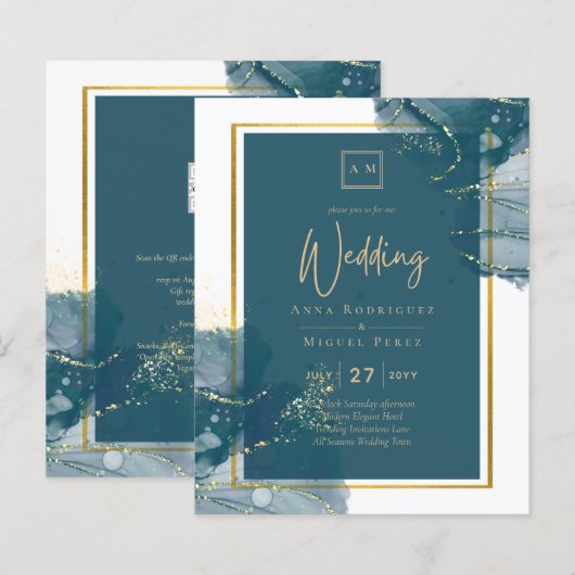 Peacock Blue Alcohol INK Chic Wedding Invite (Voorkant / Achterkant)