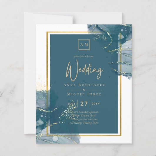 Peacock Blue Alcohol INK Chic Wedding Invite (Voorkant)