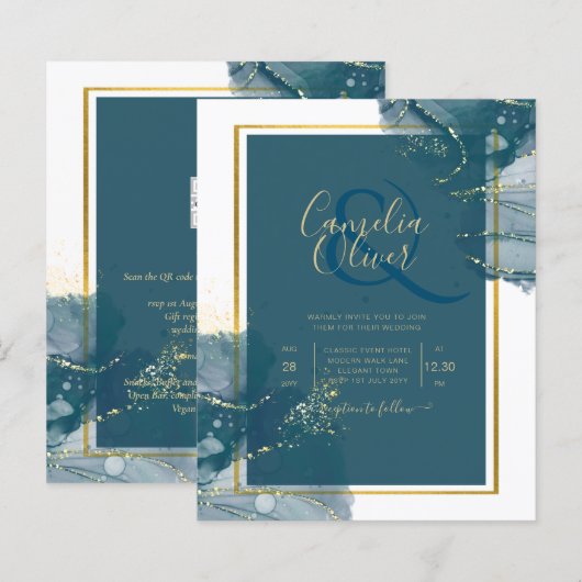 Peacock Blue Alcohol INK Chic Wedding Invite (Voorkant / Achterkant)