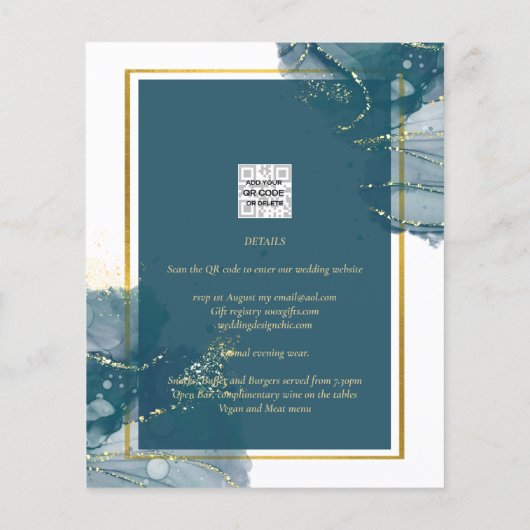 Peacock Blue Alcohol INK Chic Wedding Invite Flyer (Achterkant)