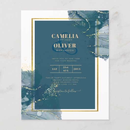 Peacock Blue Alcohol INK Chic Wedding Invite Flyer (Voorkant)